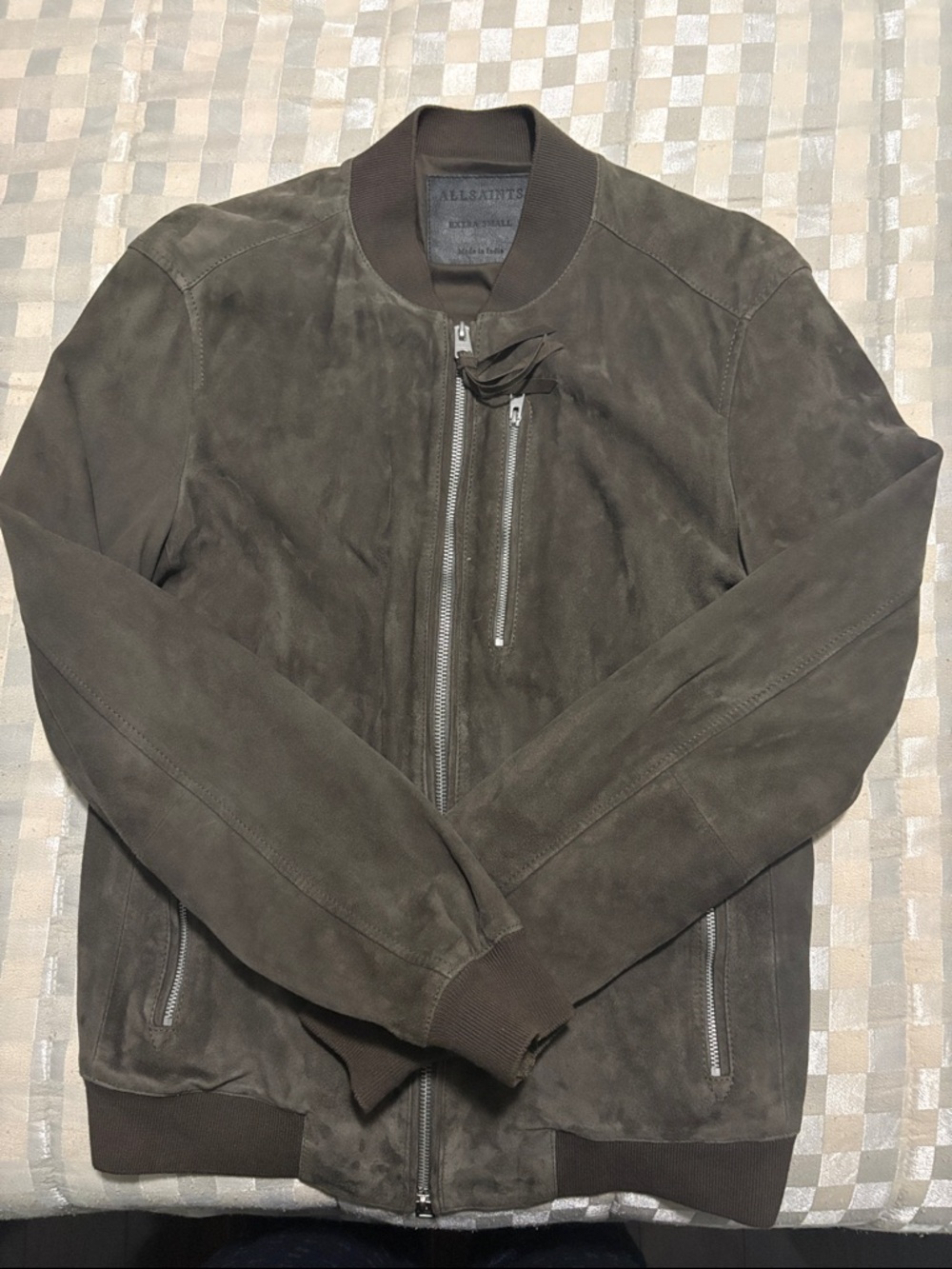 All Saints Taupe Coloured Suede Bomber Jacket